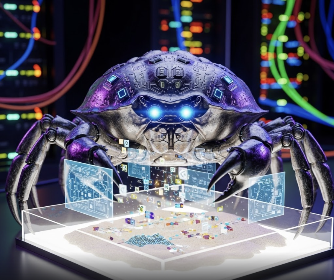 A cybernetic crab monitoring holographic security displays inside a sandbox